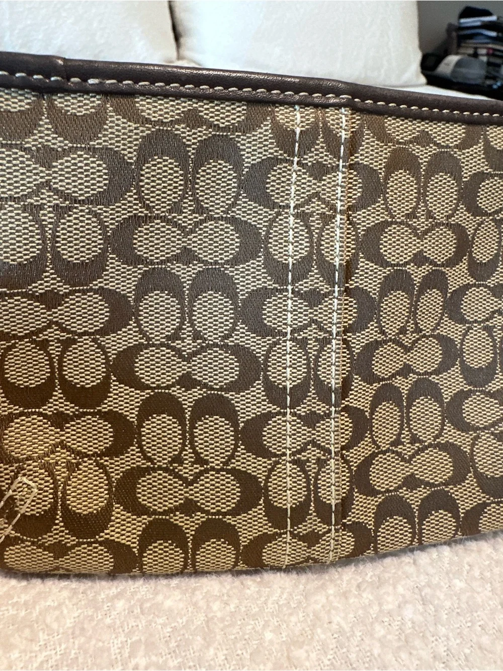 Coach Mini Signature Jacquard Canvas Wristlet in Brown and Dark Brown